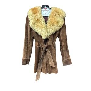 Women Vintage Suede leather Fur Collar Coat Penny Lane 8 tie pockets lined